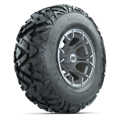 GTW® Spyder Silver Brush 12 in Wheels with 25X10-12 Barrage Mud Tires – Full Set