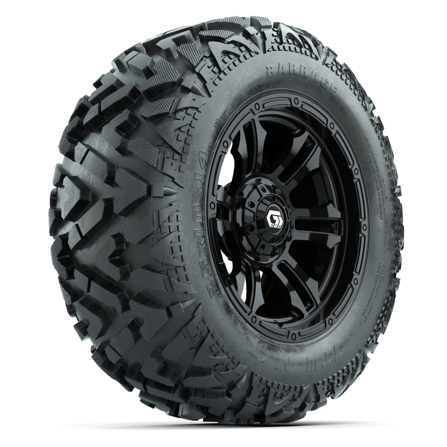 GTW Shogun Gloss Black 14 in Wheels with 25x10-14 Barrage Mud Tires – Full Set
