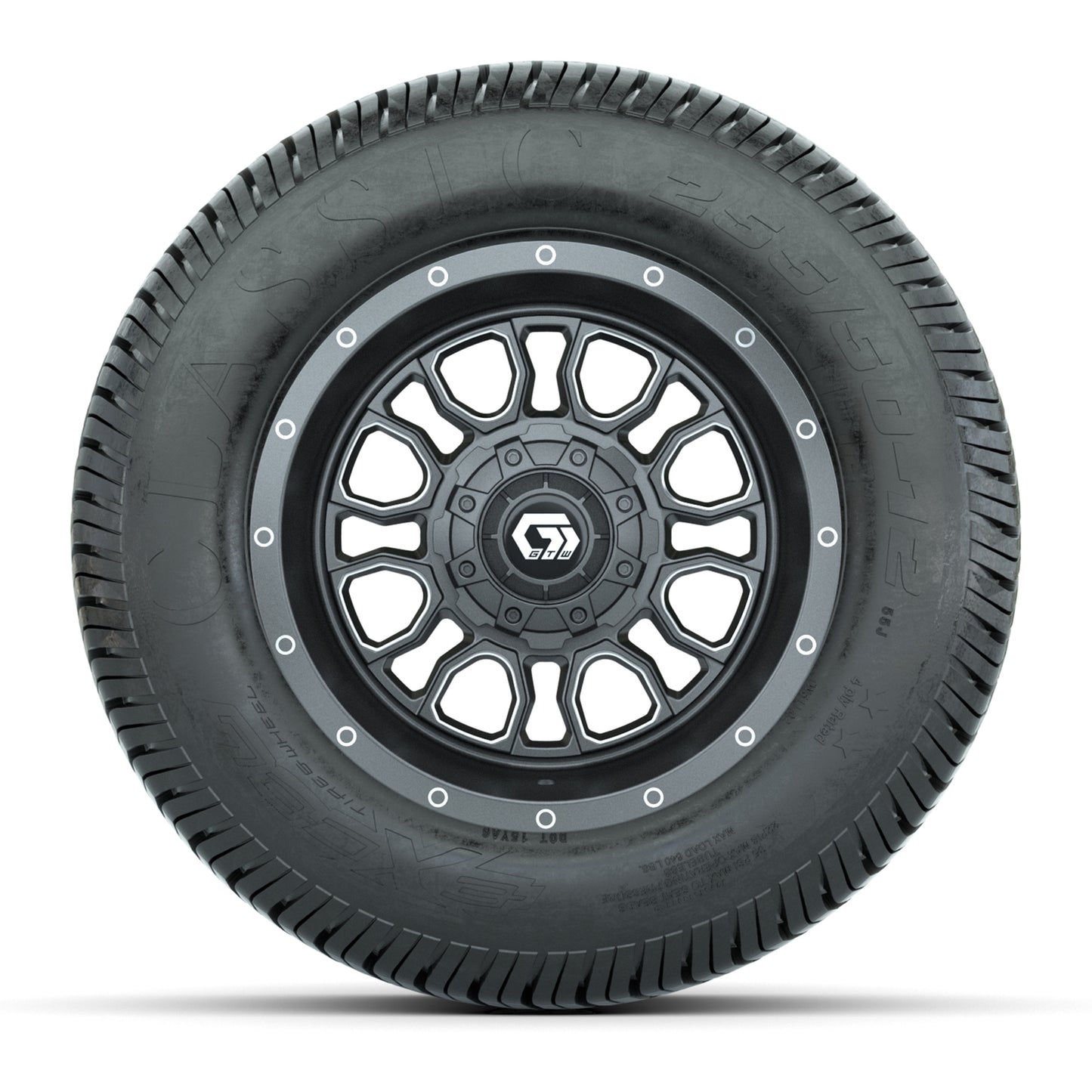 GTW® Volt Gunmetal 12 in Wheels with 255/50-12 Excel Classic Street Tires – Full Set