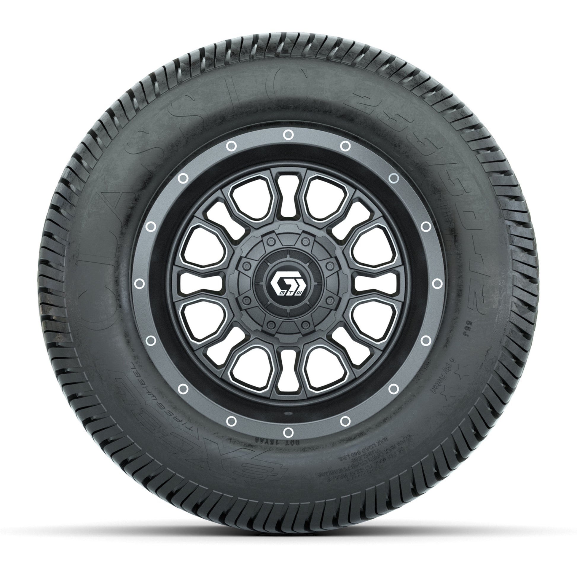 GTW® Volt Gunmetal 12 in Wheels with 255/50-12 Excel Classic Street Tires – Full Set