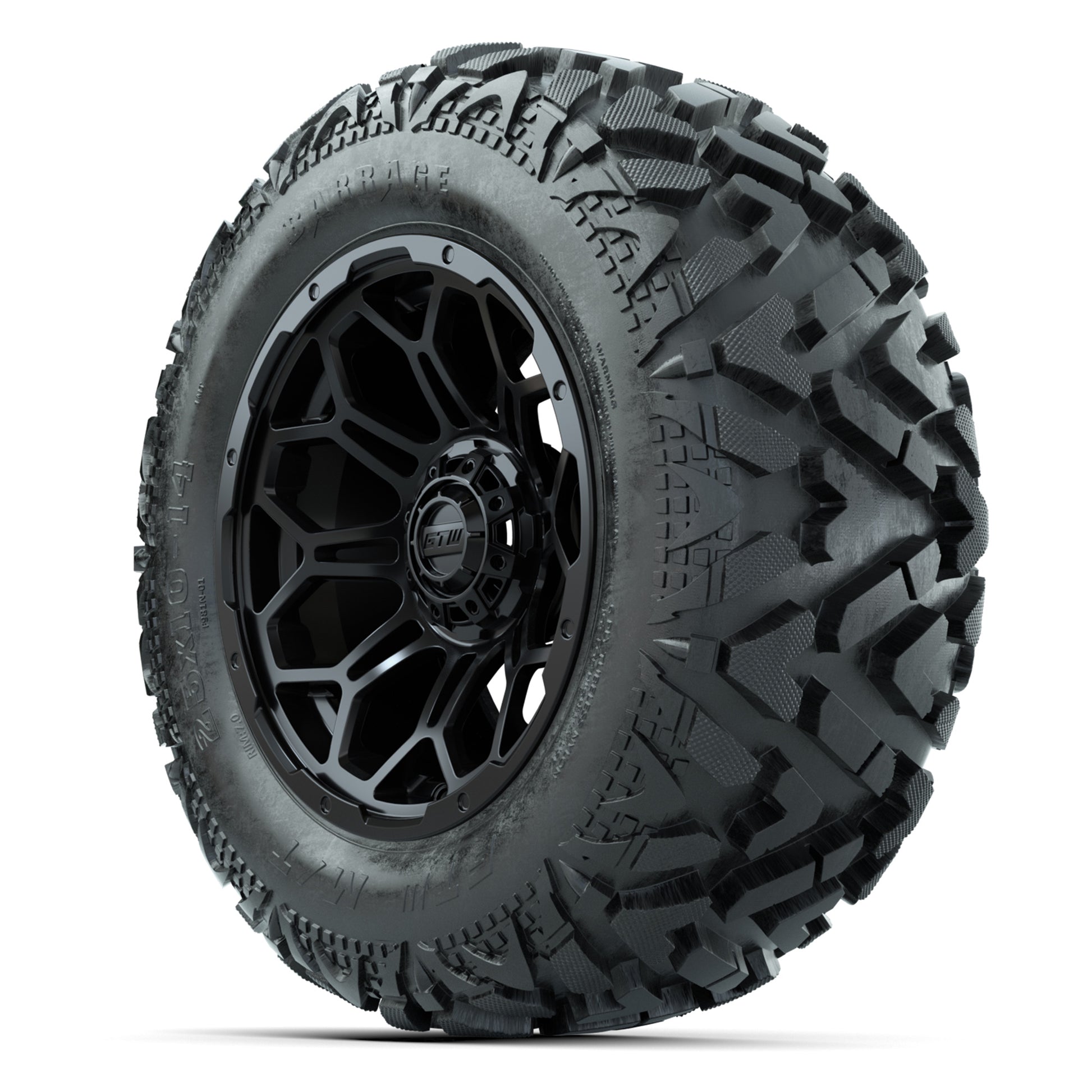 GTW Bravo Matte Black 14 in Wheels with 25x10-14 Barrage Mud Tires – Full Set