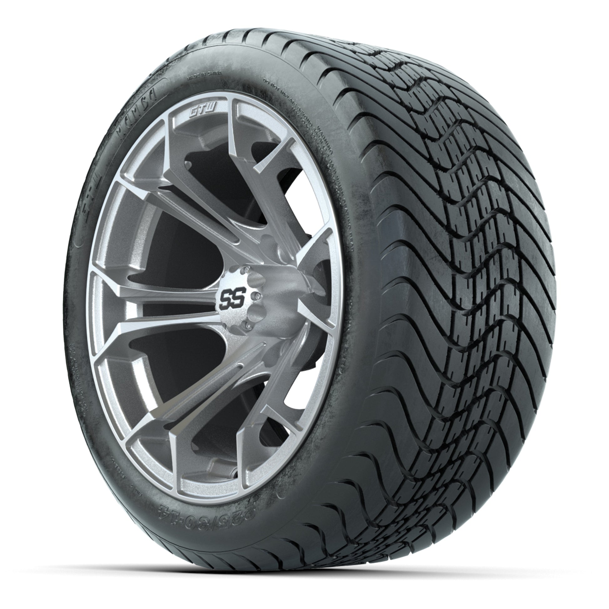 GTW Spyder Silver Brush 14 in Wheels with 225/30-14 Mamba Street Tires – Full Set