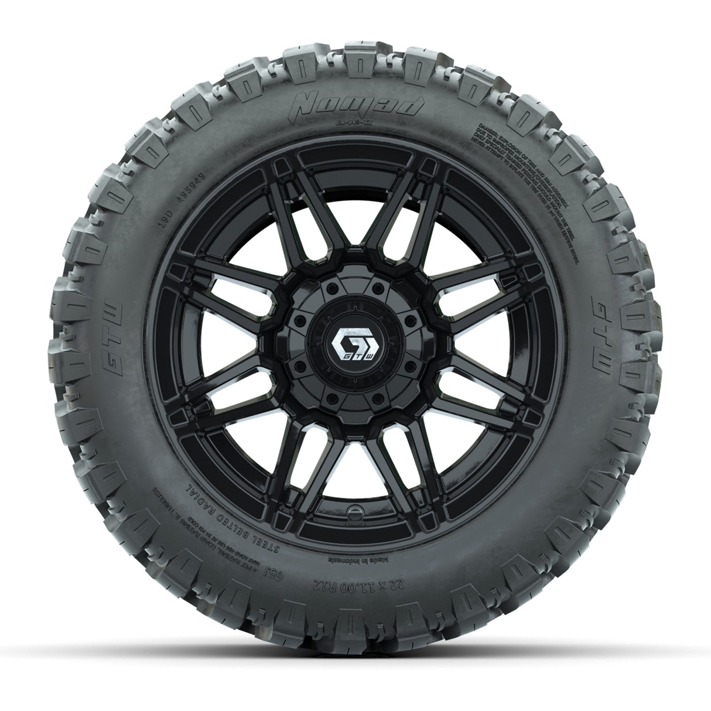GTW® Stealth Black/Machined 12 in Wheels with 22X11-R12 Nomad Steel Belt Radial All-Terrain Tires – Full Set