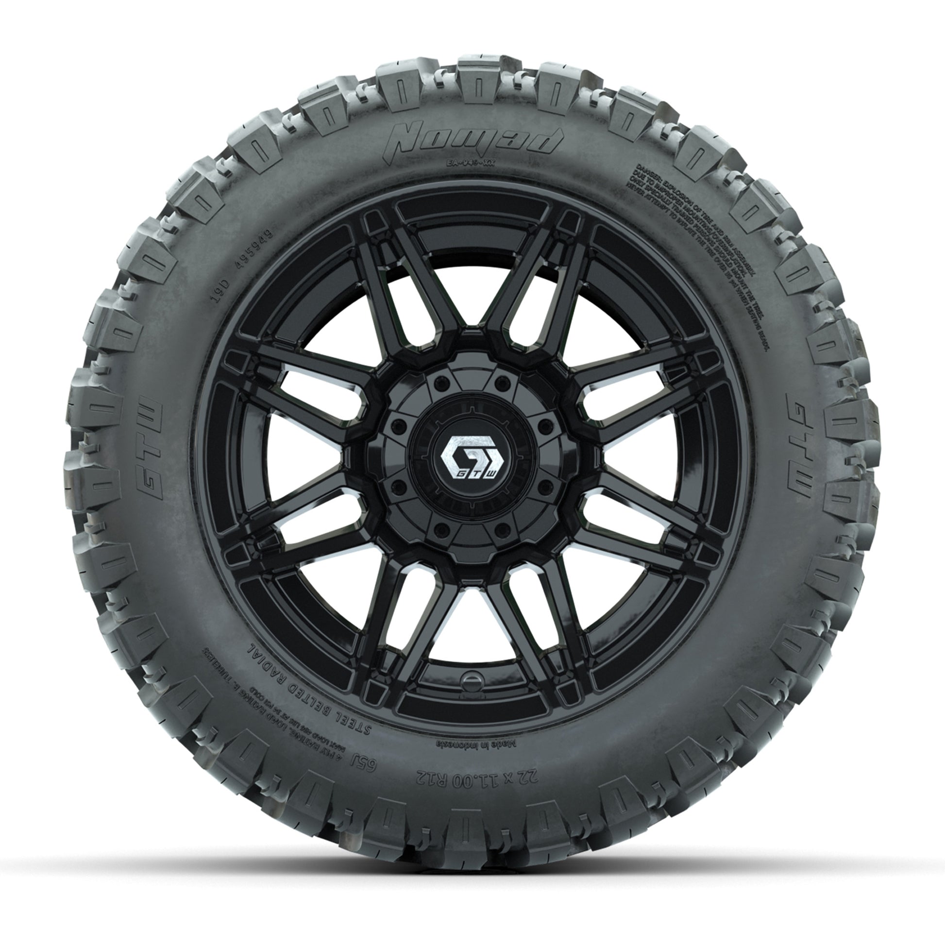 GTW® Stealth Black/Machined 12 in Wheels with 22X11-R12 Nomad Steel Belt Radial All-Terrain Tires – Full Set