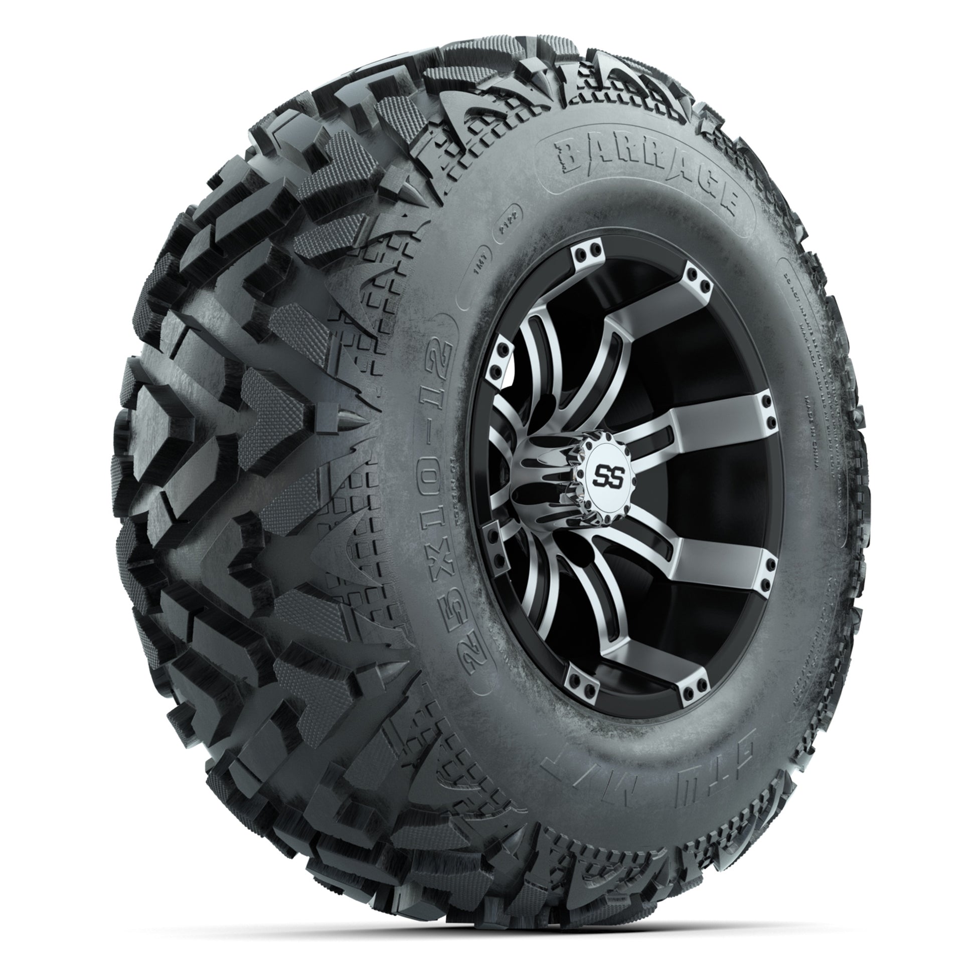 GTW® Tempest Black/Machined 12 in Wheels with 25X10-12 Barrage Mud Tires – Full Set