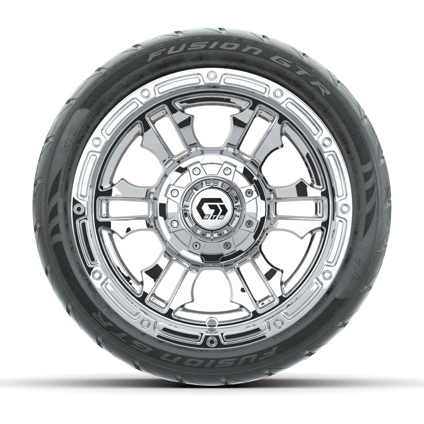 GTW® Shogun Chrome 12 in Wheels with 215/40-R12 Fusion GTR Steel Belt Radial Street Tires – Full Set