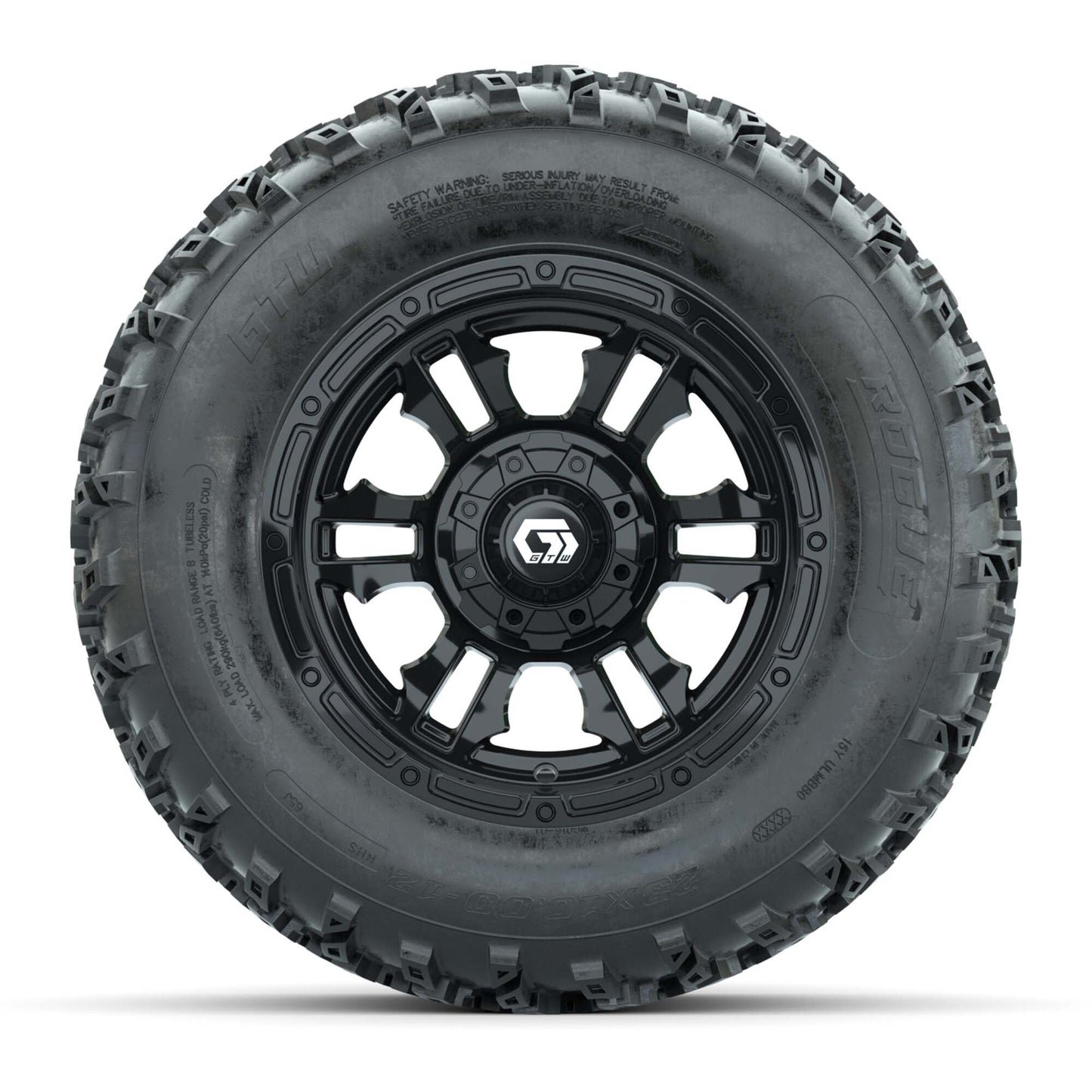 GTW® Shogun Gloss Black 12 in Wheels with 23X10.00-12 Rogue All-Terrain Tires – Full Set