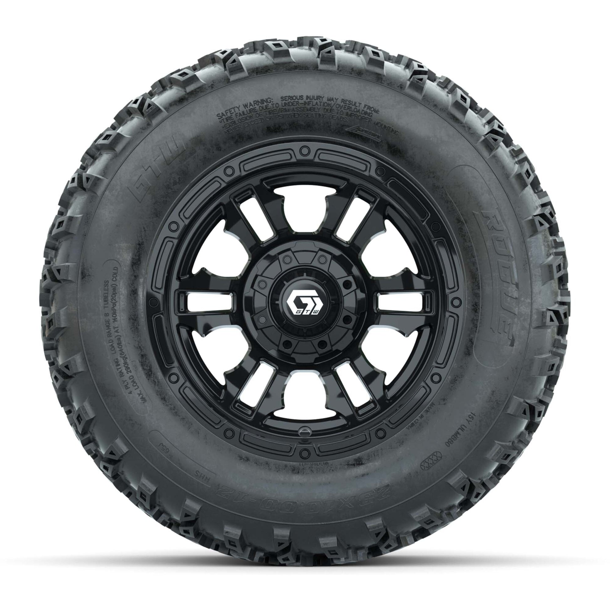 GTW® Shogun Gloss Black 12 in Wheels with 23X10.00-12 Rogue All-Terrain Tires – Full Set