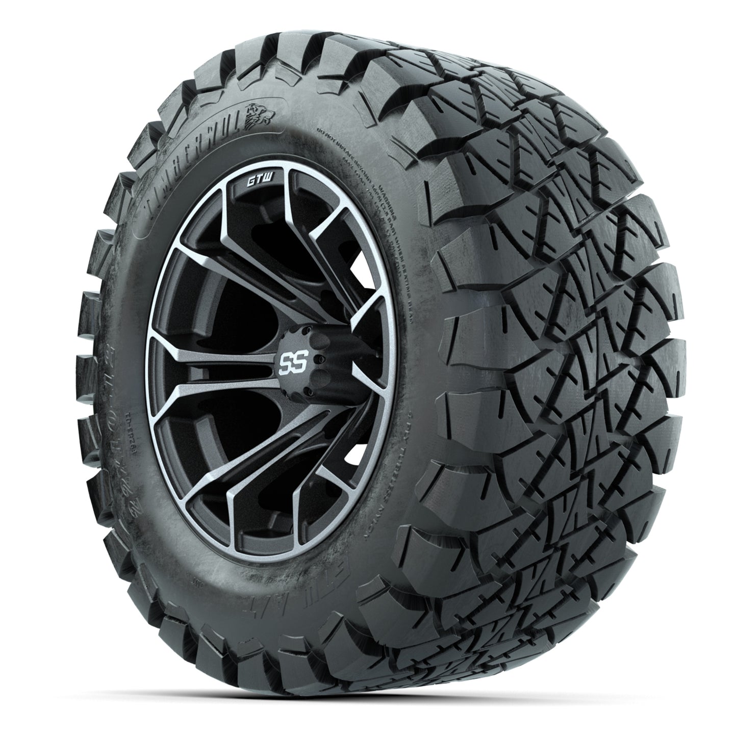 GTW® Spyder Matte Gray/Machined 12 in Wheels with 22X10-12 Timberwolf All-Terrain Tires – Full Set
