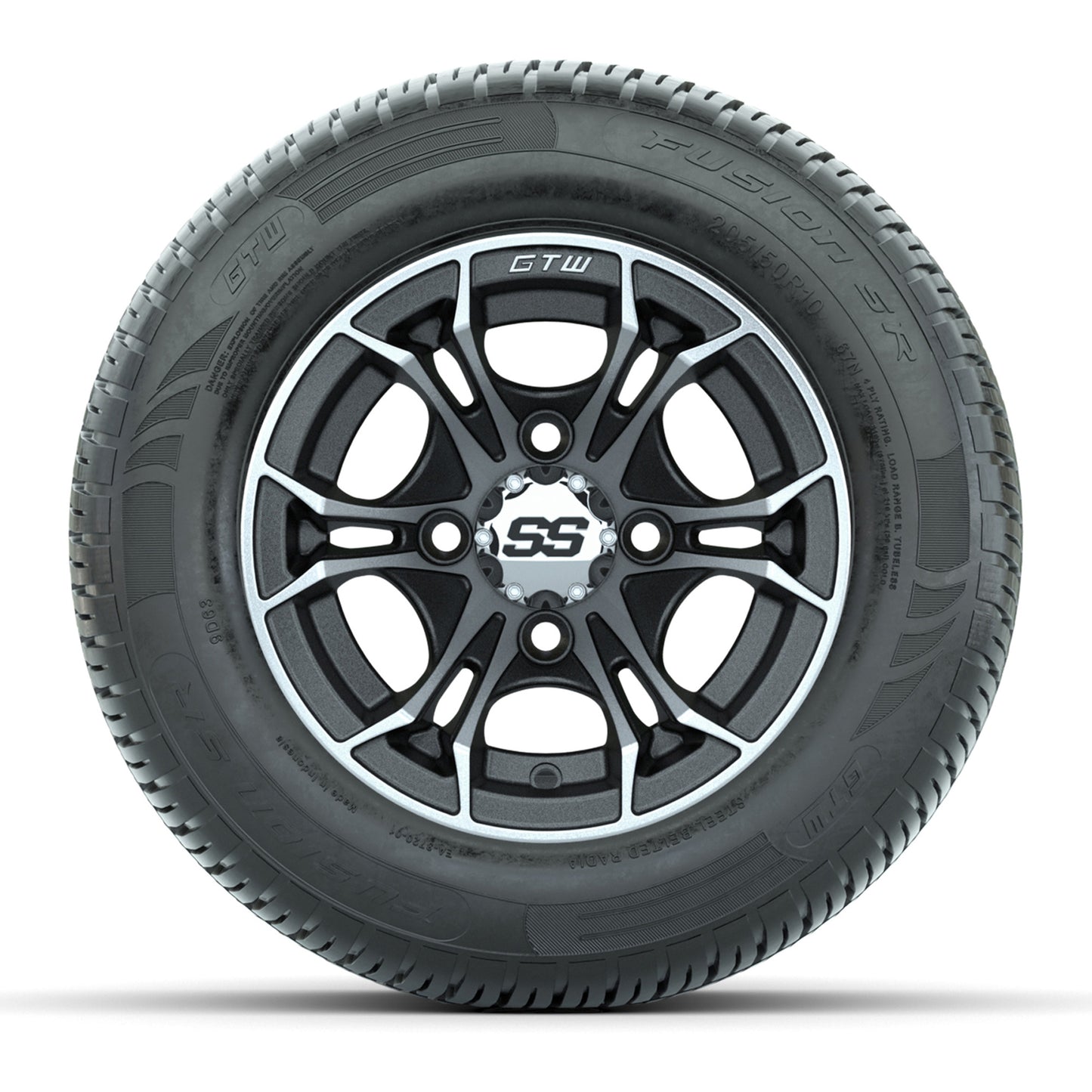 GTW Spyder Machined/Matte Grey 10 in Wheels with 205/50-10 Fusion SR Steel Belted Radial Tires – Full Set
