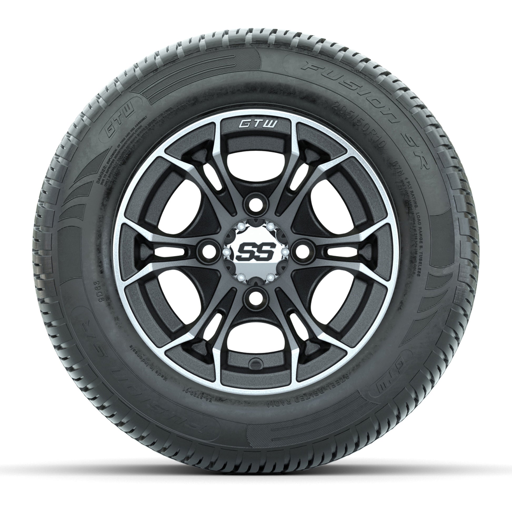 GTW Spyder Machined/Matte Grey 10 in Wheels with 205/50-10 Fusion SR Steel Belted Radial Tires – Full Set