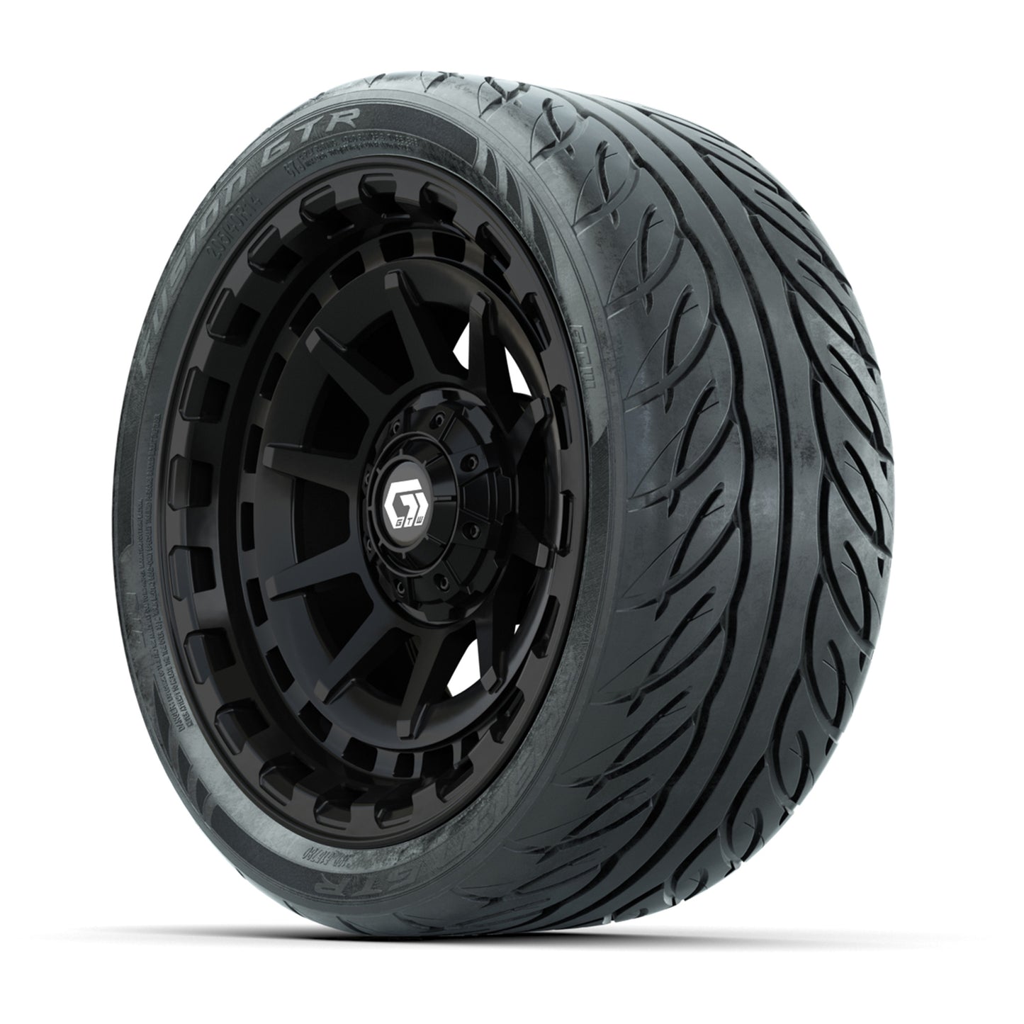 GTW® Barricade Gloss Black 14 in Wheels with 205/40-R14 Fusion GTR Steel Belted Street Tires – Full Set
