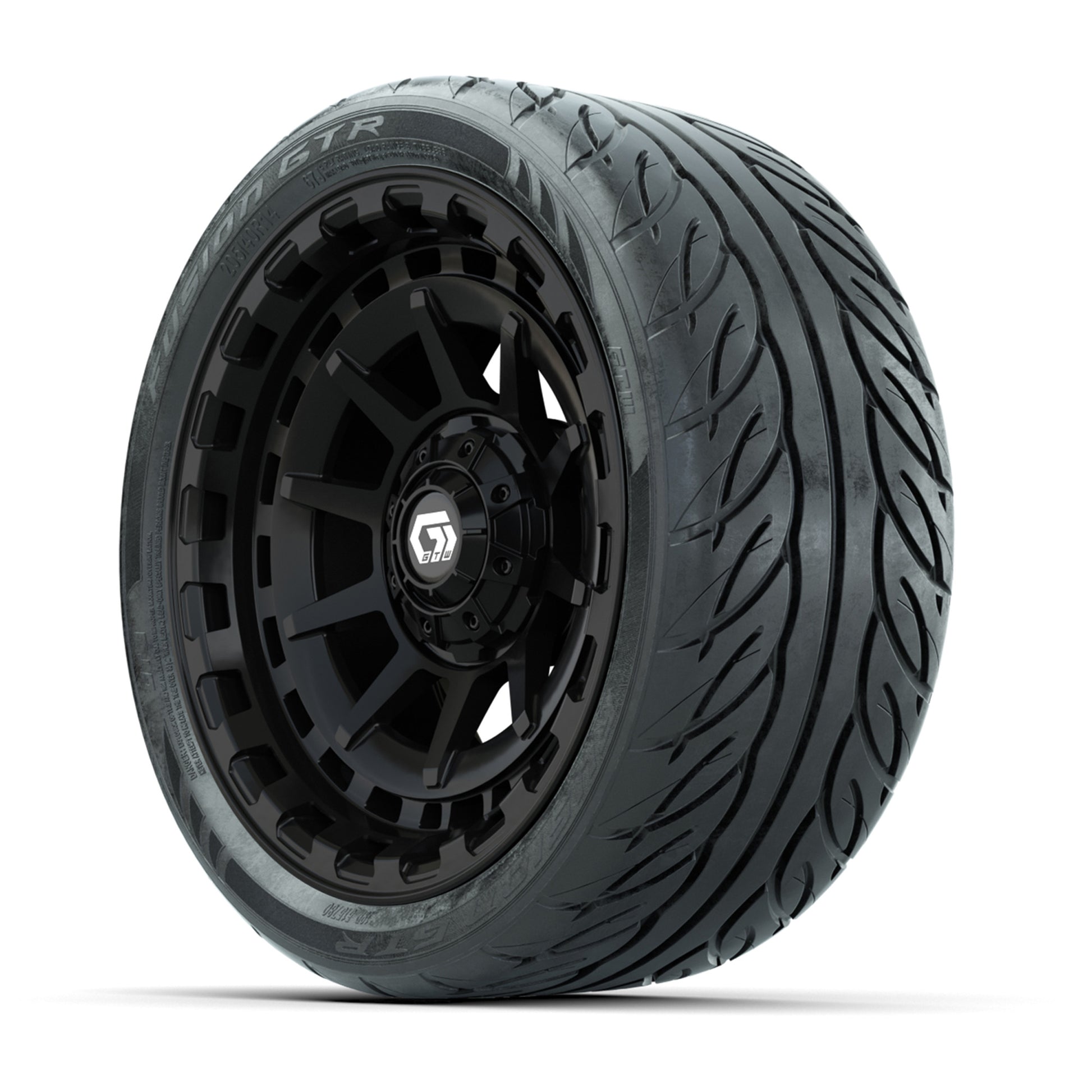GTW® Barricade Gloss Black 14 in Wheels with 205/40-R14 Fusion GTR Steel Belted Street Tires – Full Set