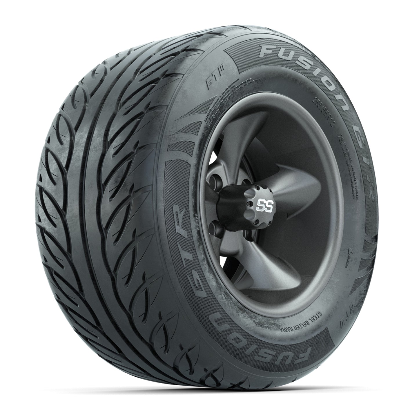 GTW® Godfather Matte Gray 12 in Wheels with 255/55-R12 Fusion GTR Steel Belt Radial Street Tires – Full Set
