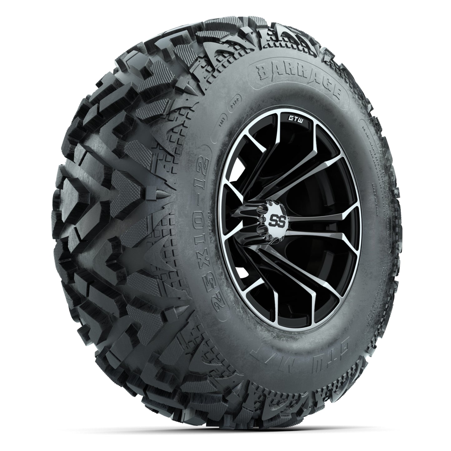 GTW® Spyder Black/Machined 12 in Wheels with 25X10-12 Barrage Mud Tires – Full Set
