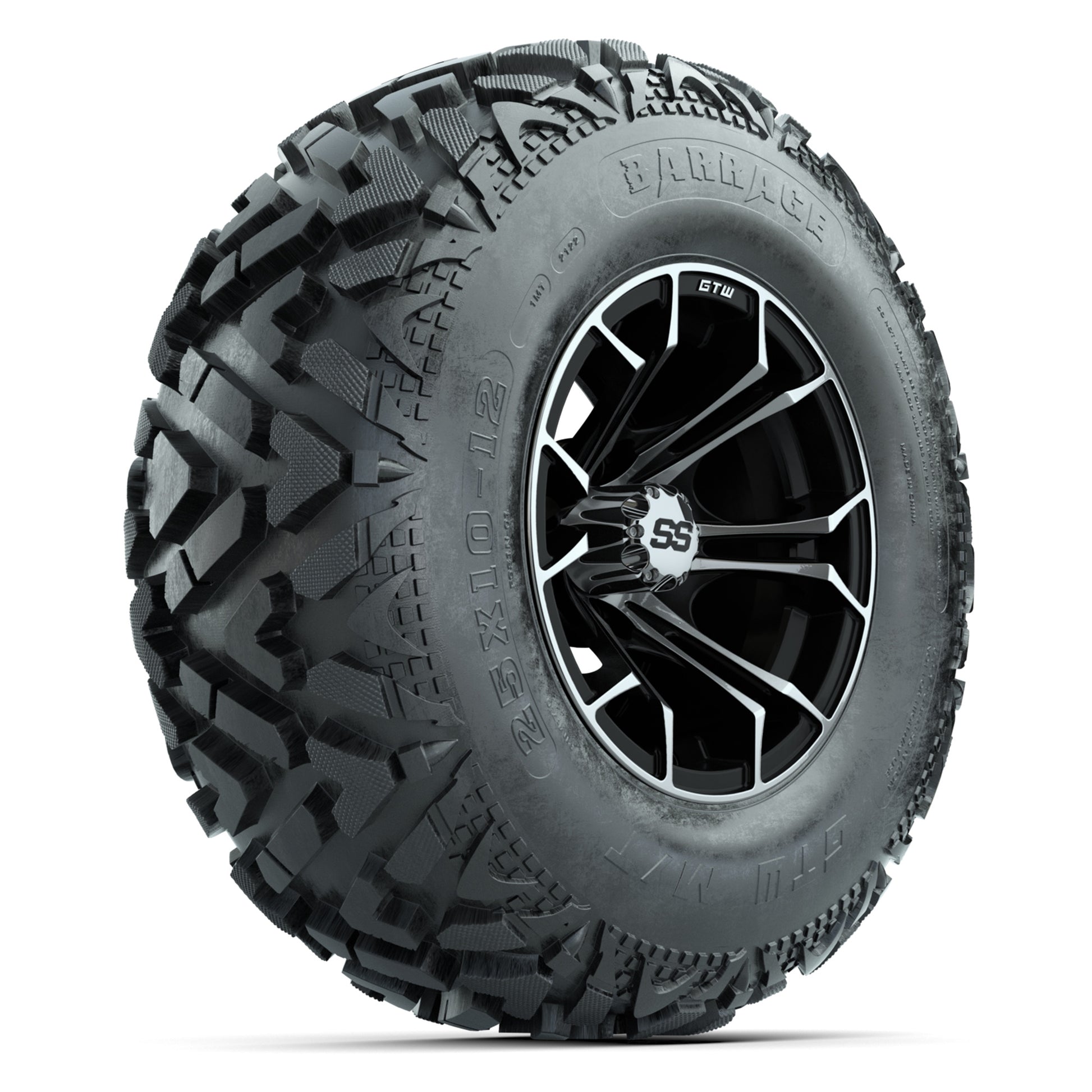 GTW® Spyder Black/Machined 12 in Wheels with 25X10-12 Barrage Mud Tires – Full Set