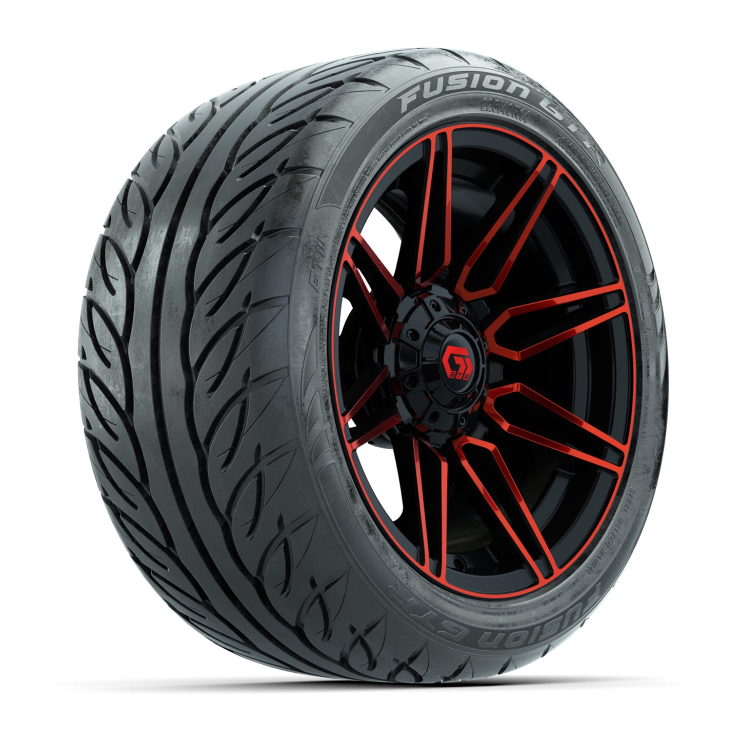 GTW® Stealth Red/Machined 14 in Wheels with 225/40-R14 Fusion GTR Steel Belt Radial Street Tires – Full Set