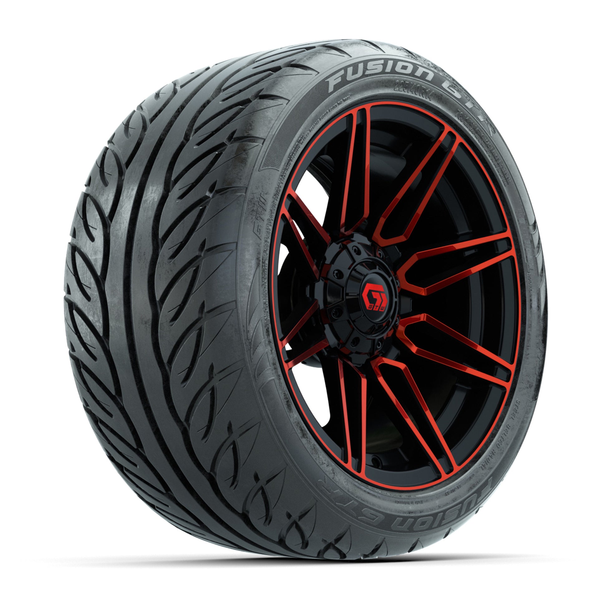 GTW® Stealth Red/Machined 14 in Wheels with 225/40-R14 Fusion GTR Steel Belt Radial Street Tires – Full Set