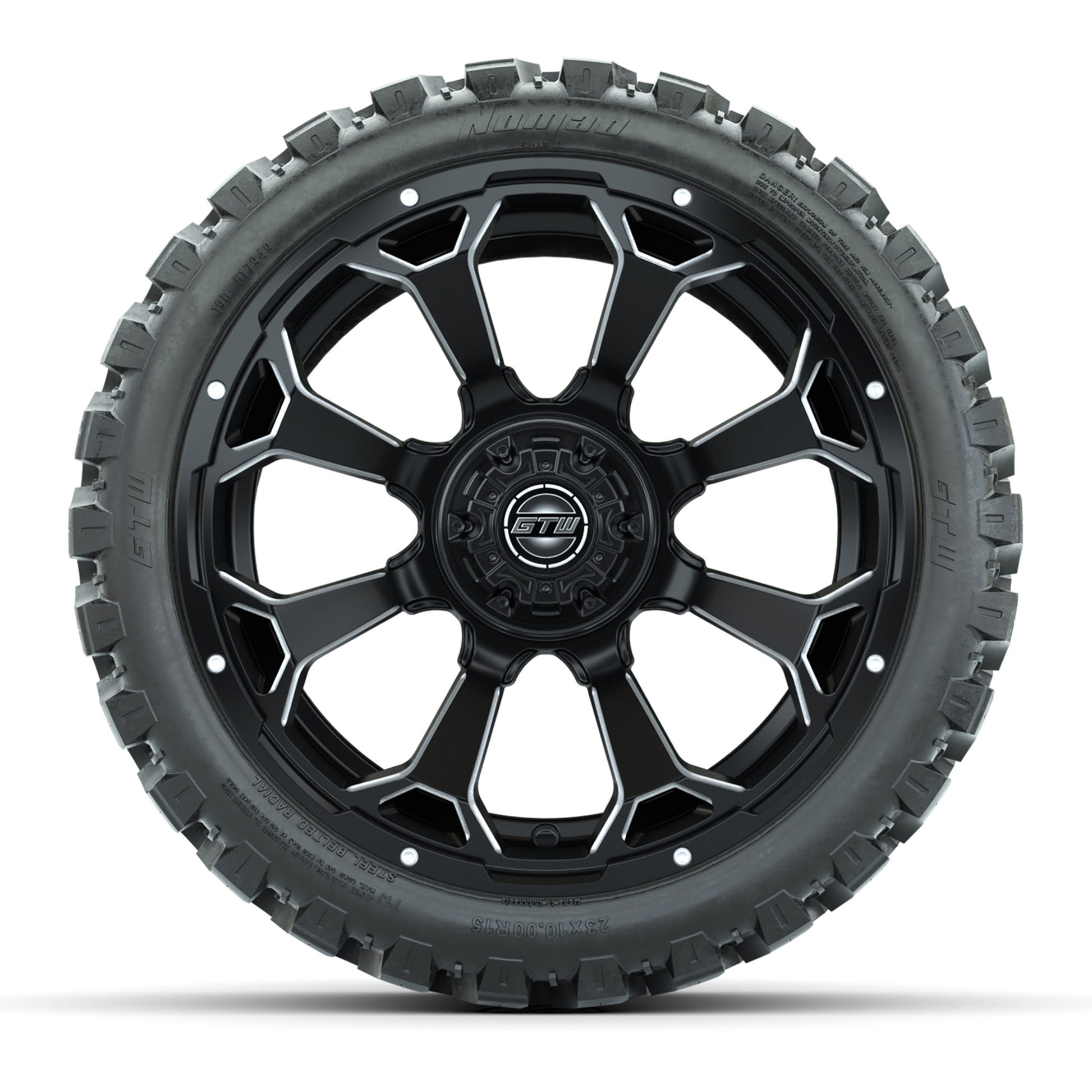 Set of (4) 15″ GTW Raven Matte Black Wheels with 23x10-R15 Nomad All-Terrain Tires