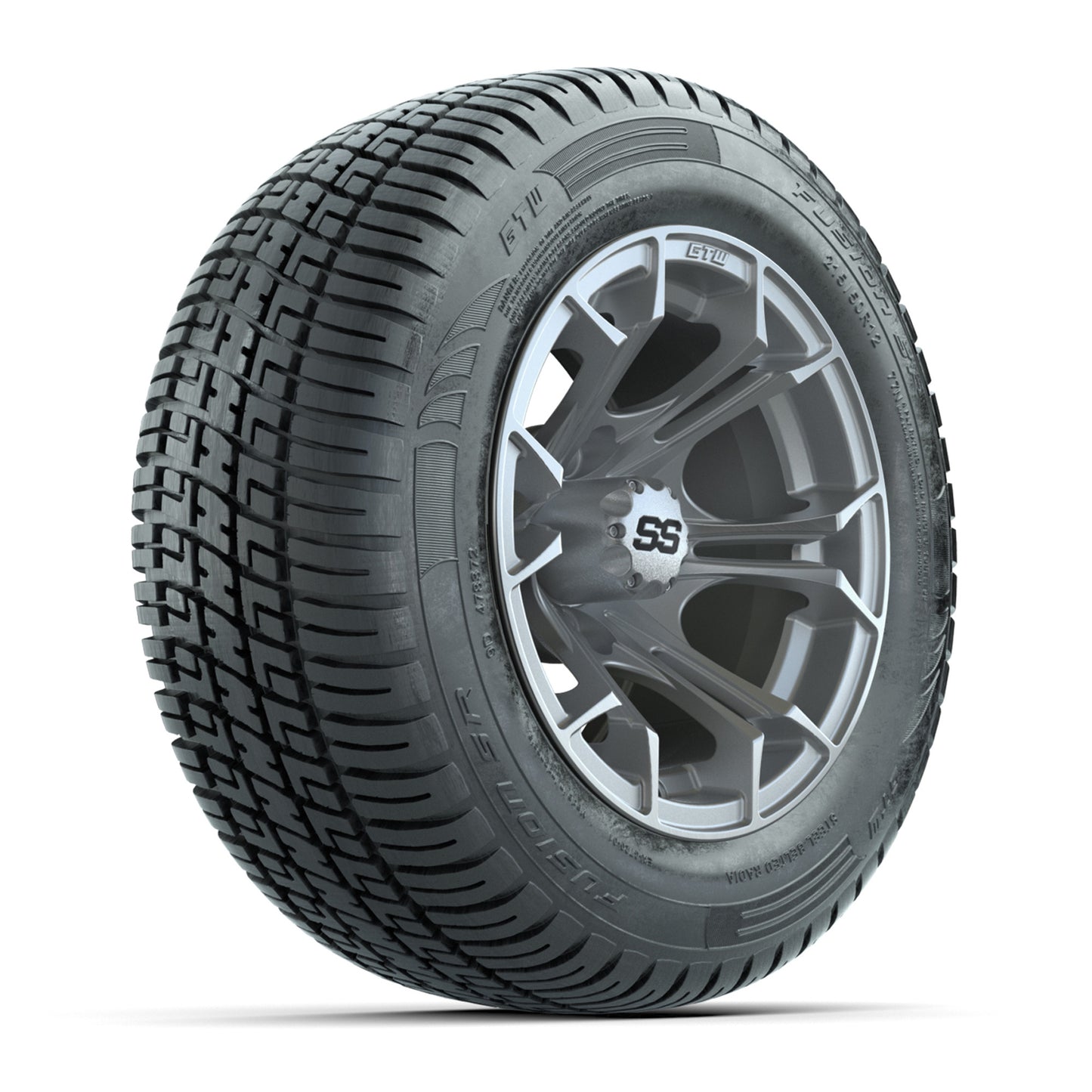 GTW® Spyder Silver Brush 12 in Wheels with 215/50-R12 Fusion S/R Steel Belt Radial Street Tires – Full Set