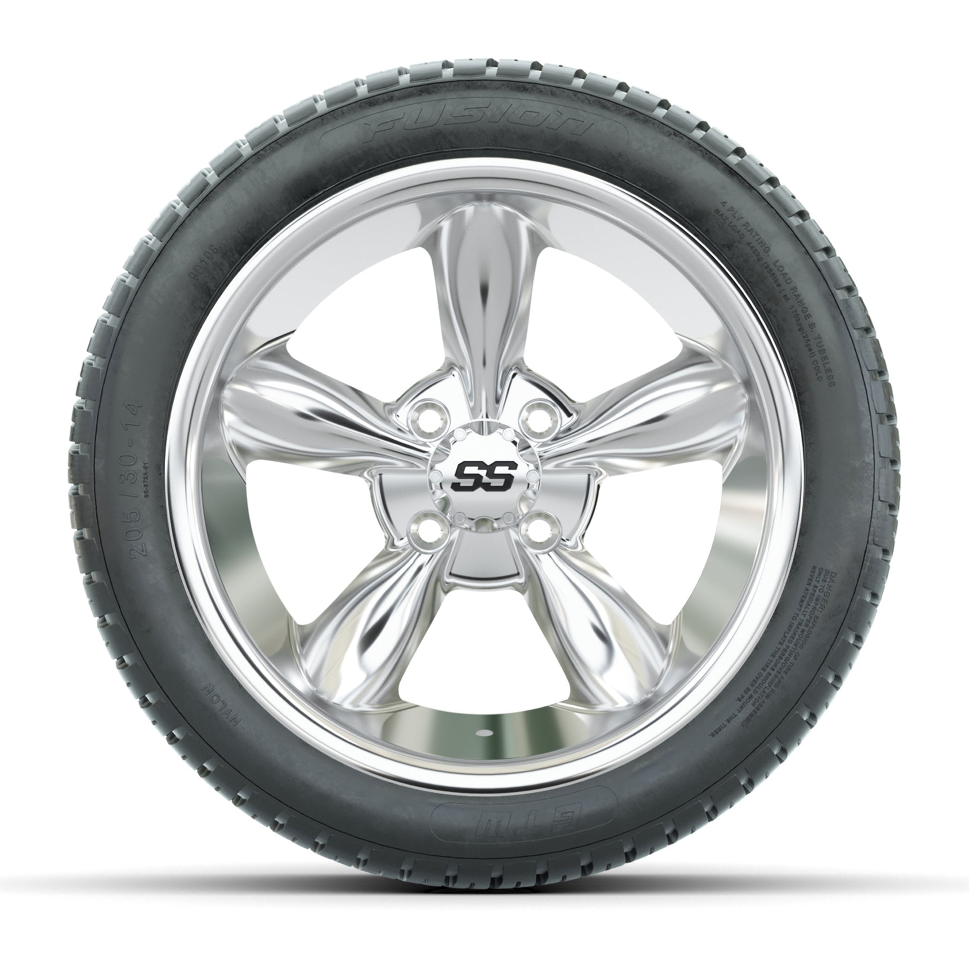 GTW® Godfather Chrome 14 in Wheels with 205/30-R14 Fusion Street Tires – Full Set