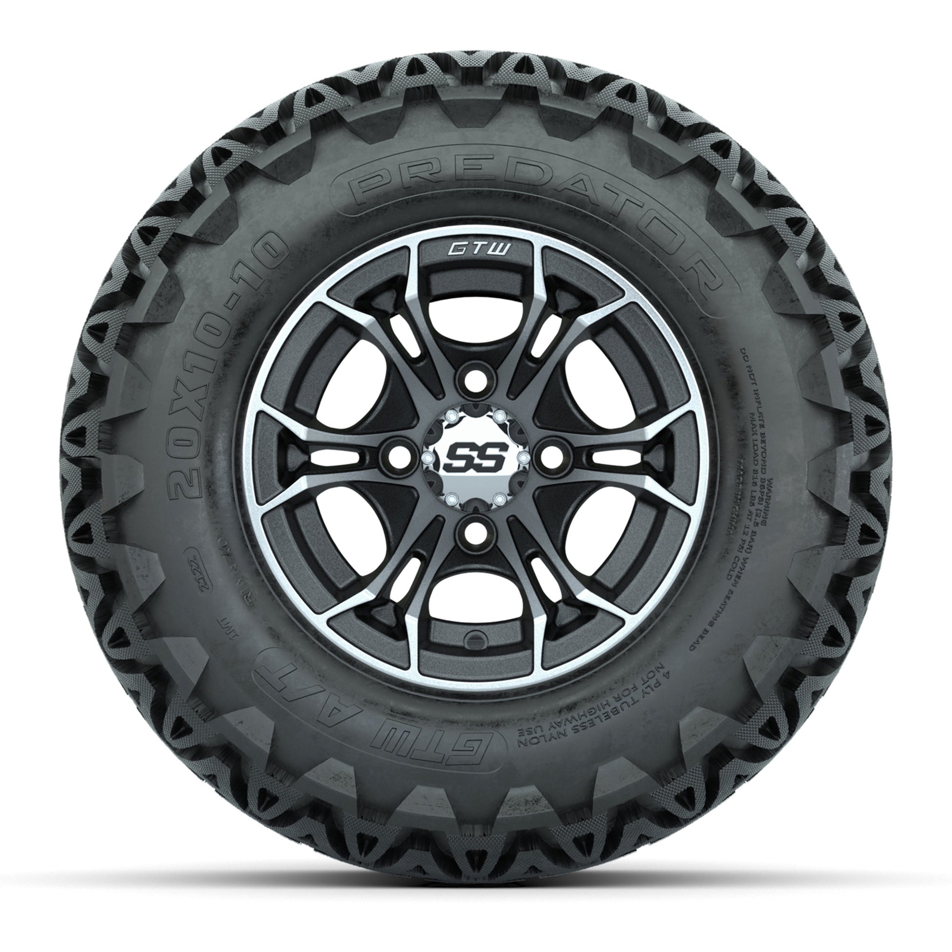 GTW Spyder Machined/Matte Grey 10 in Wheels with 20x10-10 Predator All Terrain Tires – Full Set