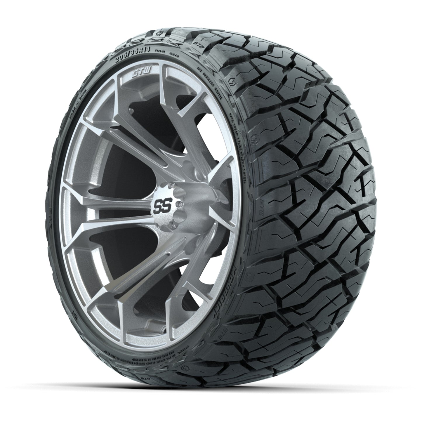 GTW® Spyder Silver Brush 14 in Wheels with 205/35-R14 Maverick Low-Profile All-Terrain Tires - Full Set