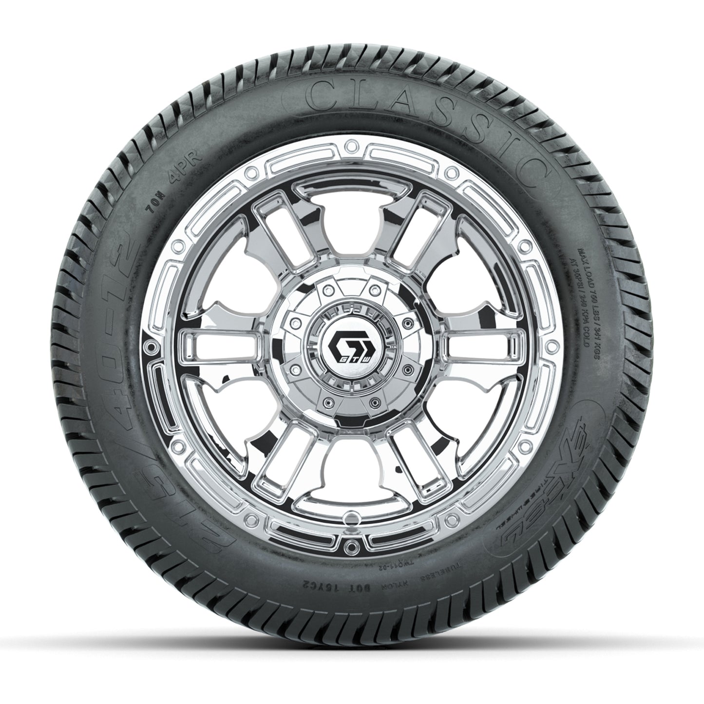 GTW® Shogun Chrome 12 in Wheels with 215/40-12 Excel Classic Street Tires – Full Set