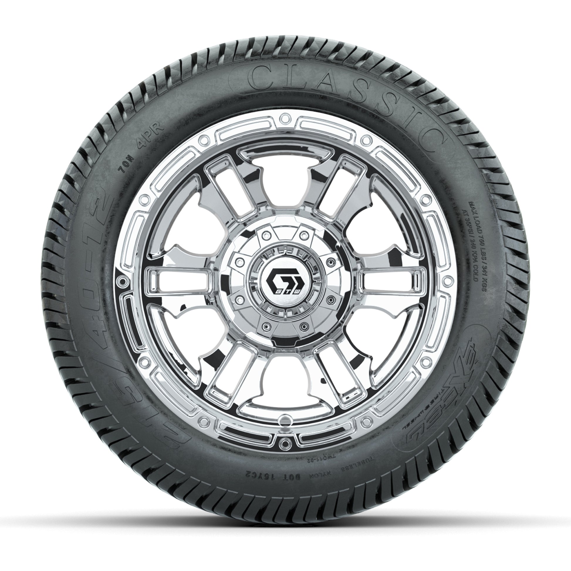 GTW® Shogun Chrome 12 in Wheels with 215/40-12 Excel Classic Street Tires – Full Set