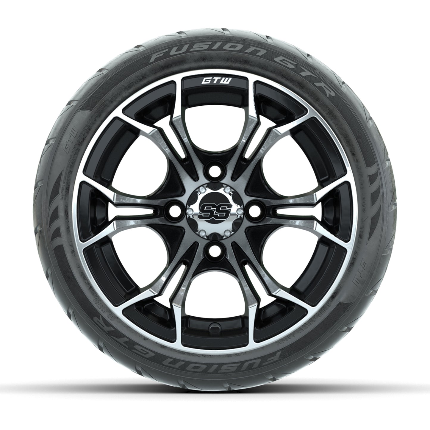 GTW® Spyder Black/Machined 12 in Wheels with 215/40-R12 Fusion GTR Steel Belt Radial Street Tires – Full Set