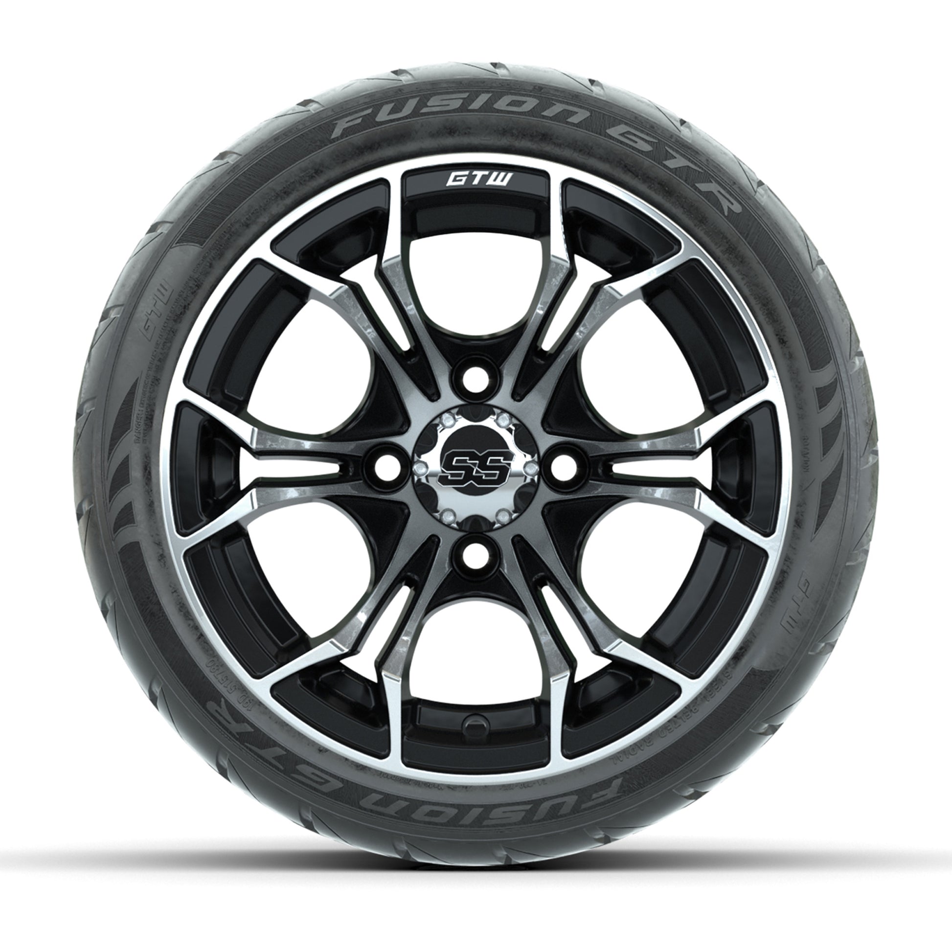 GTW® Spyder Black/Machined 12 in Wheels with 215/40-R12 Fusion GTR Steel Belt Radial Street Tires – Full Set