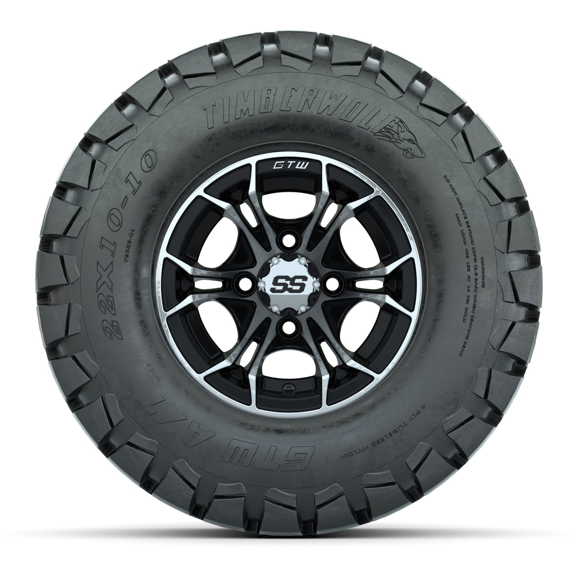 GTW Spyder Machined/Black 10 in Wheels with 22x10-10 Timberwolf All Terrain Tires – Full Set