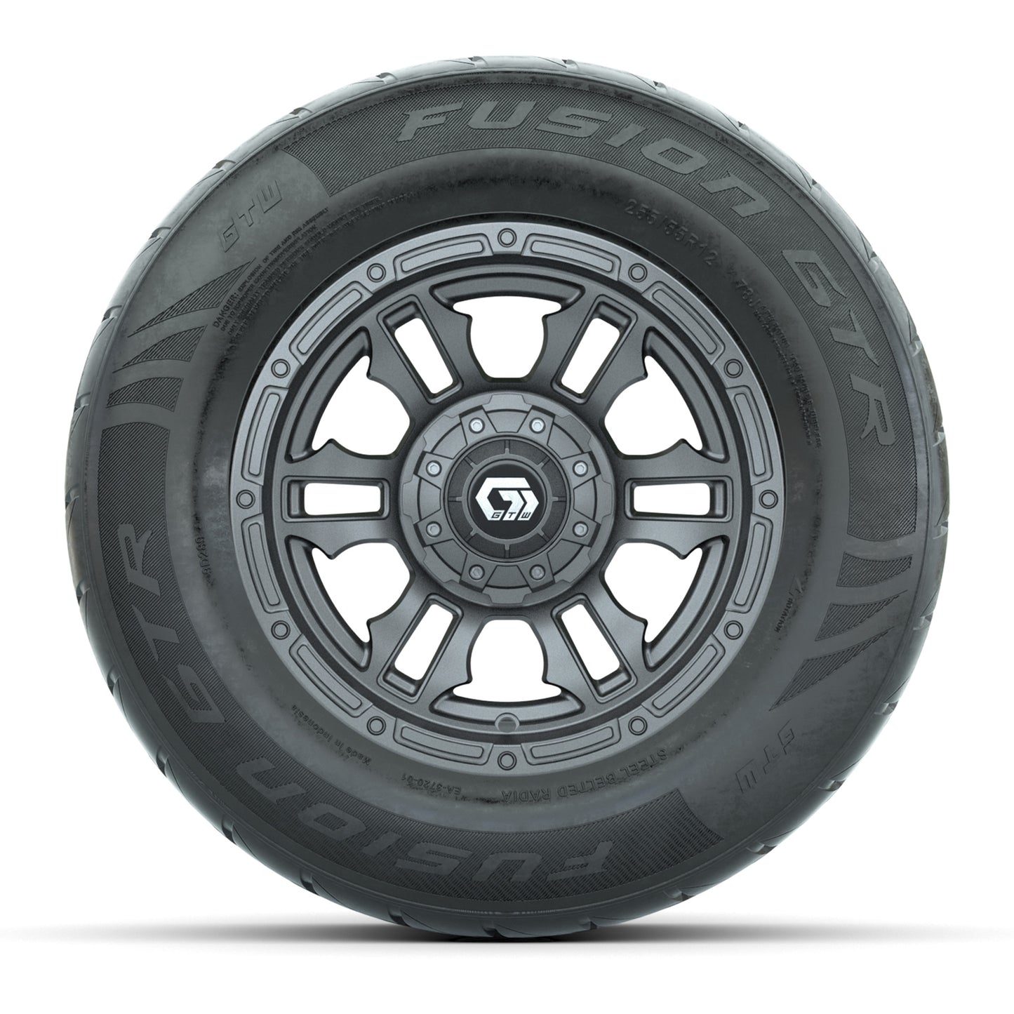 GTW® Shogun Gunmetal 12 in Wheels with 255/55-R12 Fusion GTR Steel Belt Radial Street Tires – Full Set