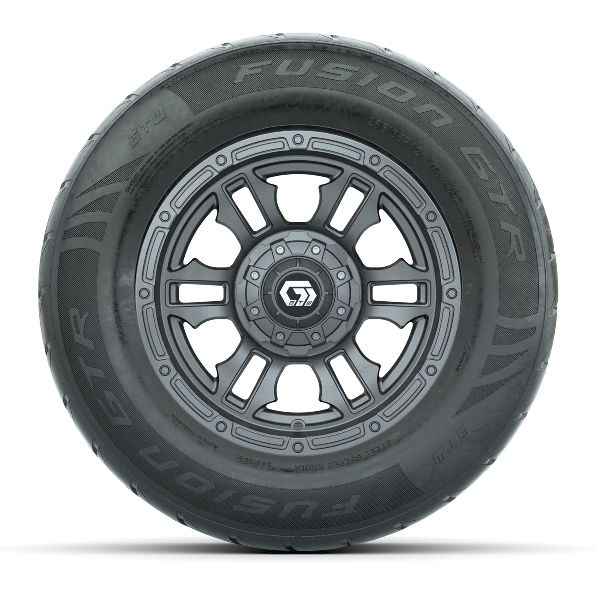 GTW® Shogun Gunmetal 12 in Wheels with 255/55-R12 Fusion GTR Steel Belt Radial Street Tires – Full Set