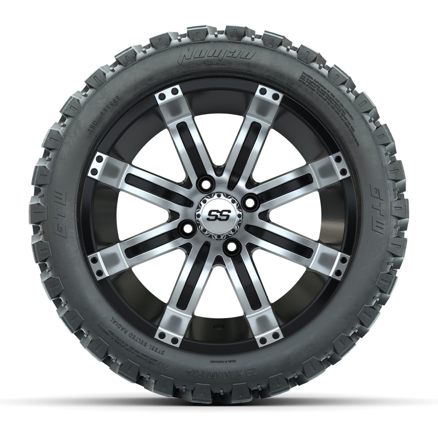GTW® Tempest Black/Machined 14 in Wheels with 23X10-R14 Nomad Steel Belt Radial All-Terrain Tires – Full Set