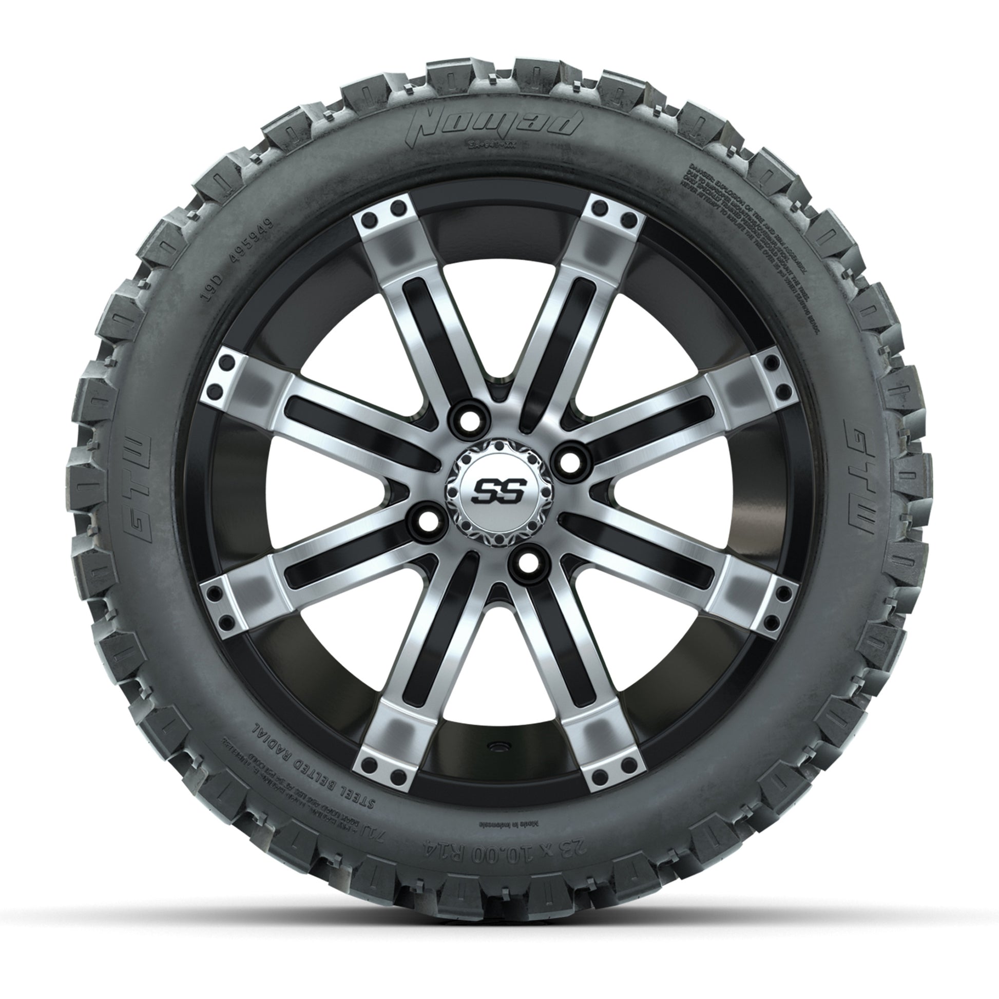 GTW® Tempest Black/Machined 14 in Wheels with 23X10-R14 Nomad Steel Belt Radial All-Terrain Tires – Full Set
