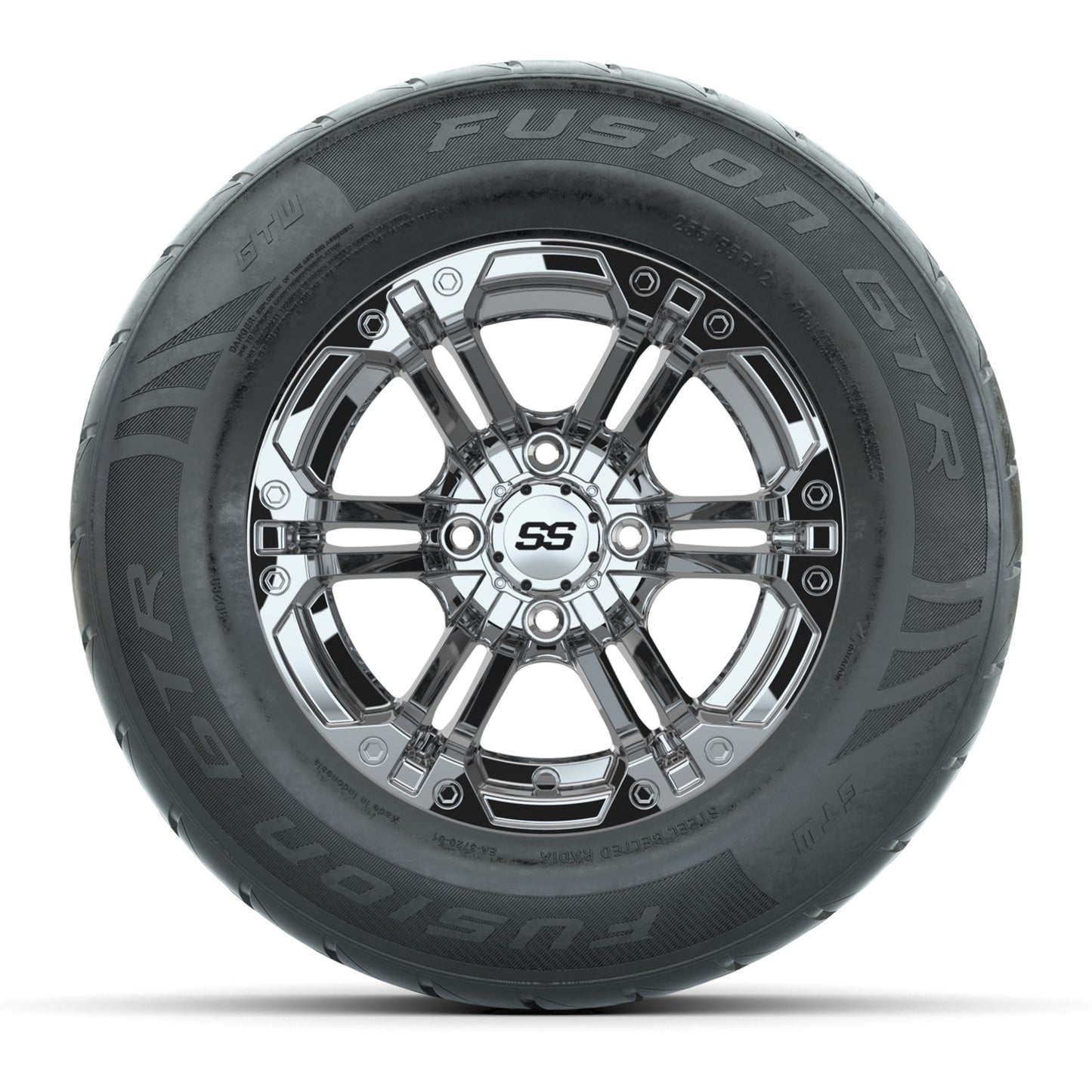 GTW® Specter Chrome 12 in Wheels with 255/55-R12 Fusion GTR Steel Belt Radial Street Tires – Full Set