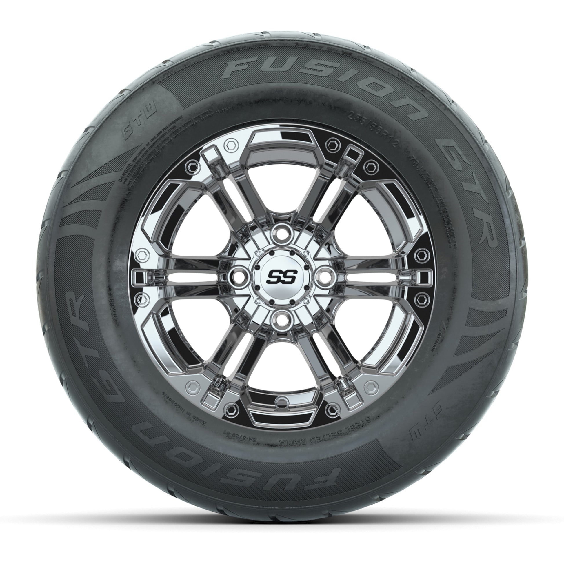 GTW® Specter Chrome 12 in Wheels with 255/55-R12 Fusion GTR Steel Belt Radial Street Tires – Full Set