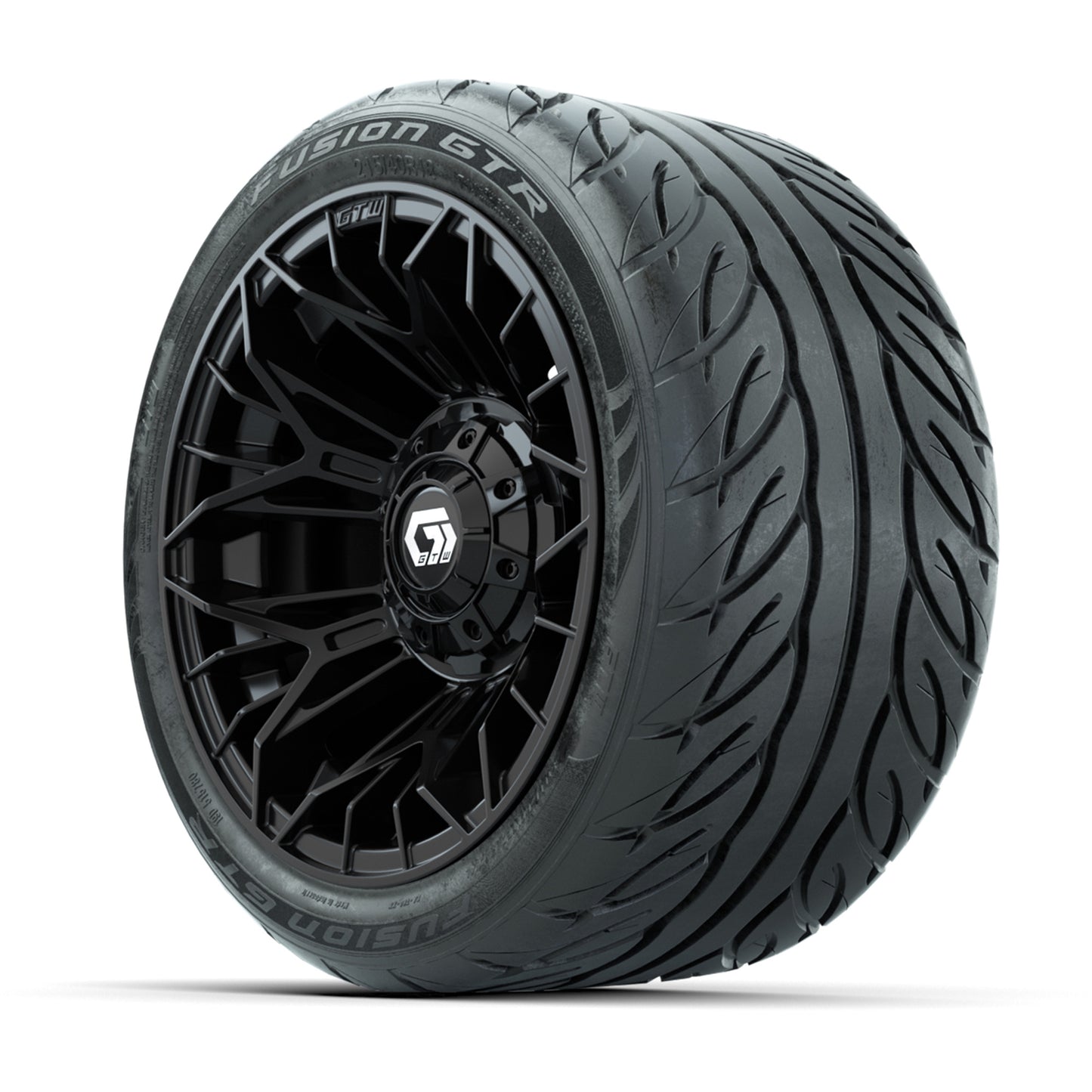 GTW® Stellar Black 12 in Wheels with 215/40-R12 Fusion GTR Steel Belt Radial Street Tires – Full Set