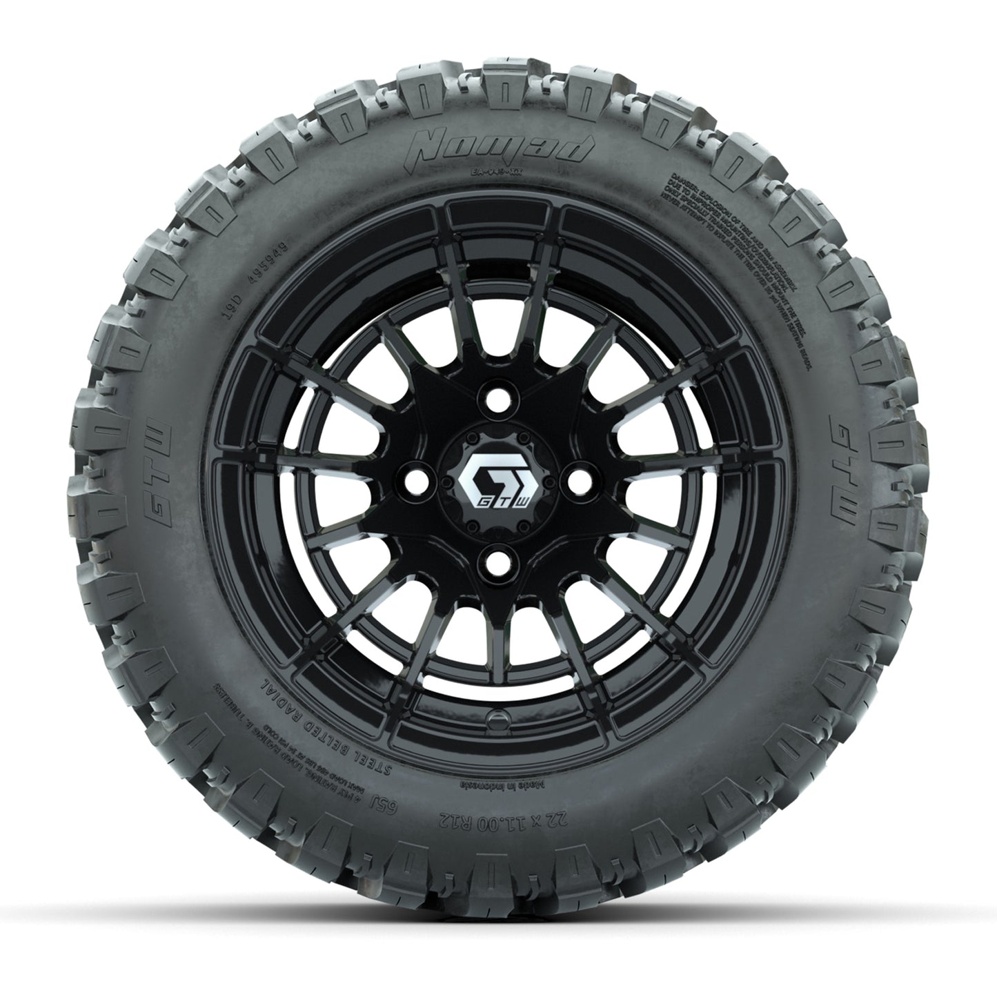 GTW® Boost Gloss Black 12 in Wheels with 22X11-R12 Nomad Steel Belt Radial All-Terrain Tires - Full Set