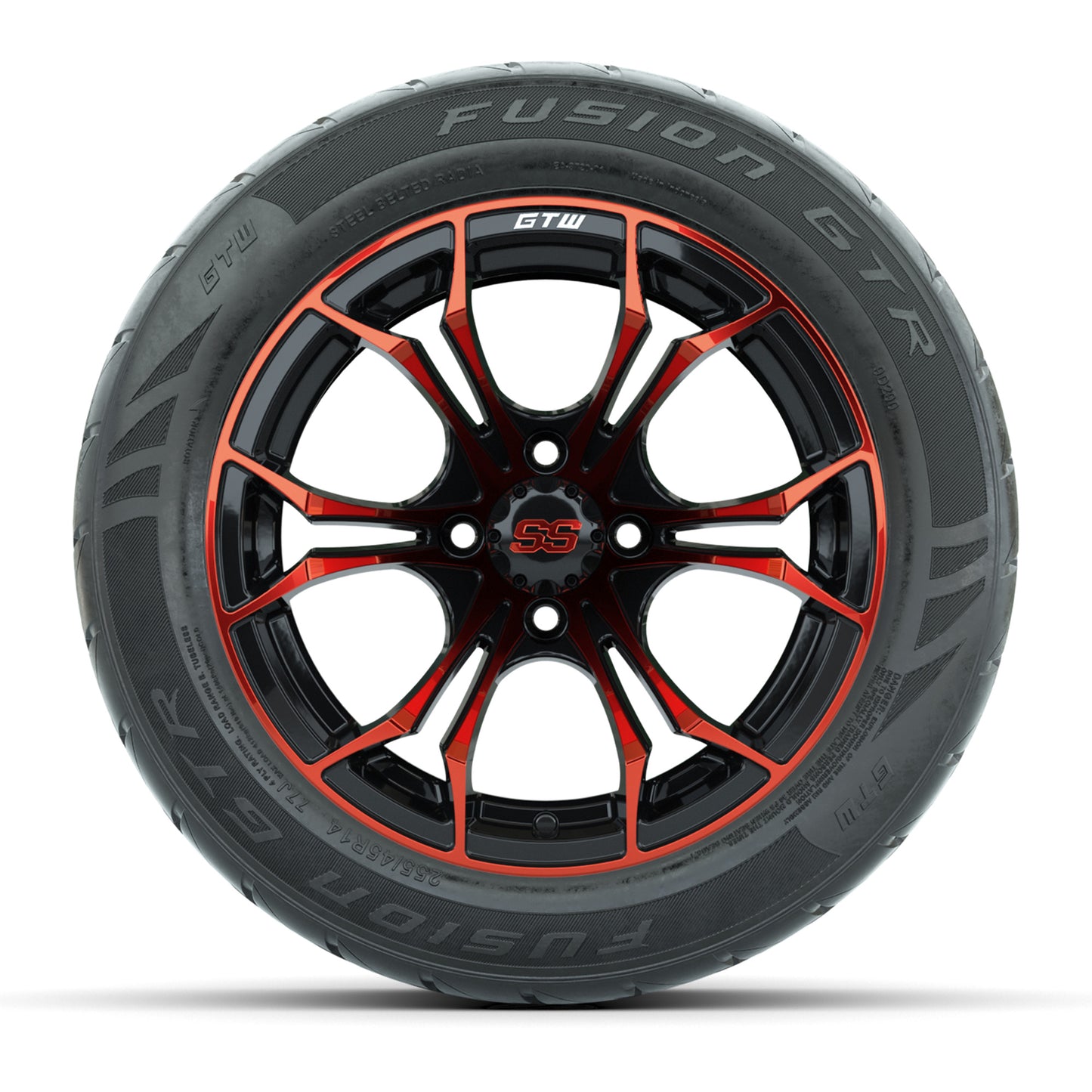 GTW® Spyder Black/Red 14 in Wheels with 255/45-R14 Fusion GTR Steel Belt Radial Street Tires – Full Set