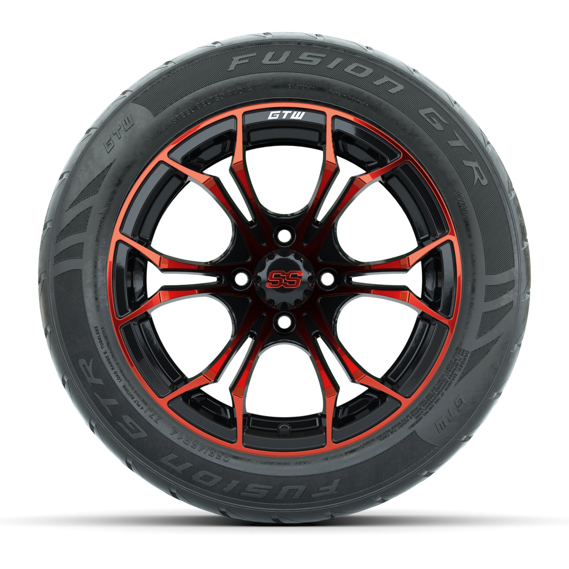 GTW® Spyder Black/Red 14 in Wheels with 255/45-R14 Fusion GTR Steel Belt Radial Street Tires – Full Set