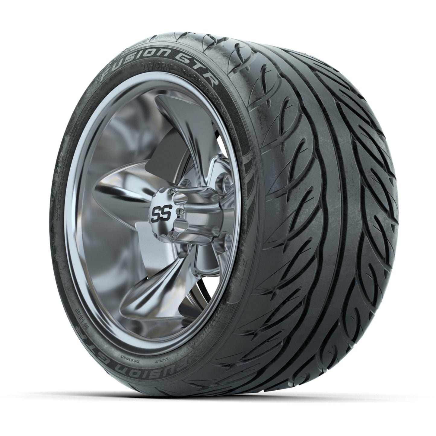 GTW® Godfather Chrome 12 in Wheels with 215/40-R12 Fusion GTR Steel Belt Radial Street Tires – Full Set