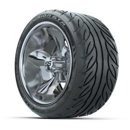 GTW® Godfather Chrome 12 in Wheels with 215/40-R12 Fusion GTR Steel Belt Radial Street Tires – Full Set