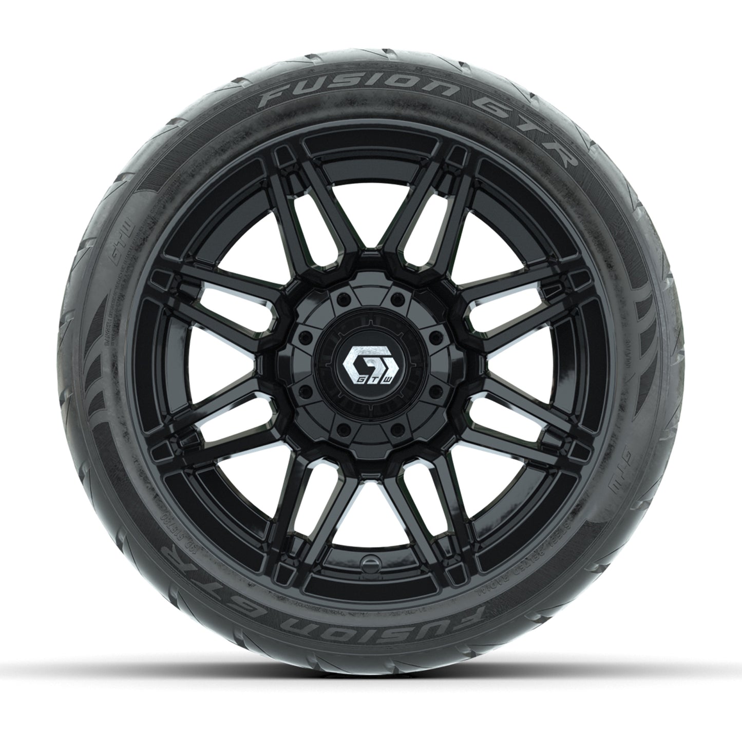 GTW® Stealth Gloss Black 12 in Wheels with 215/40-R12 Fusion GTR Steel Belt Radial Street Tires – Full Set