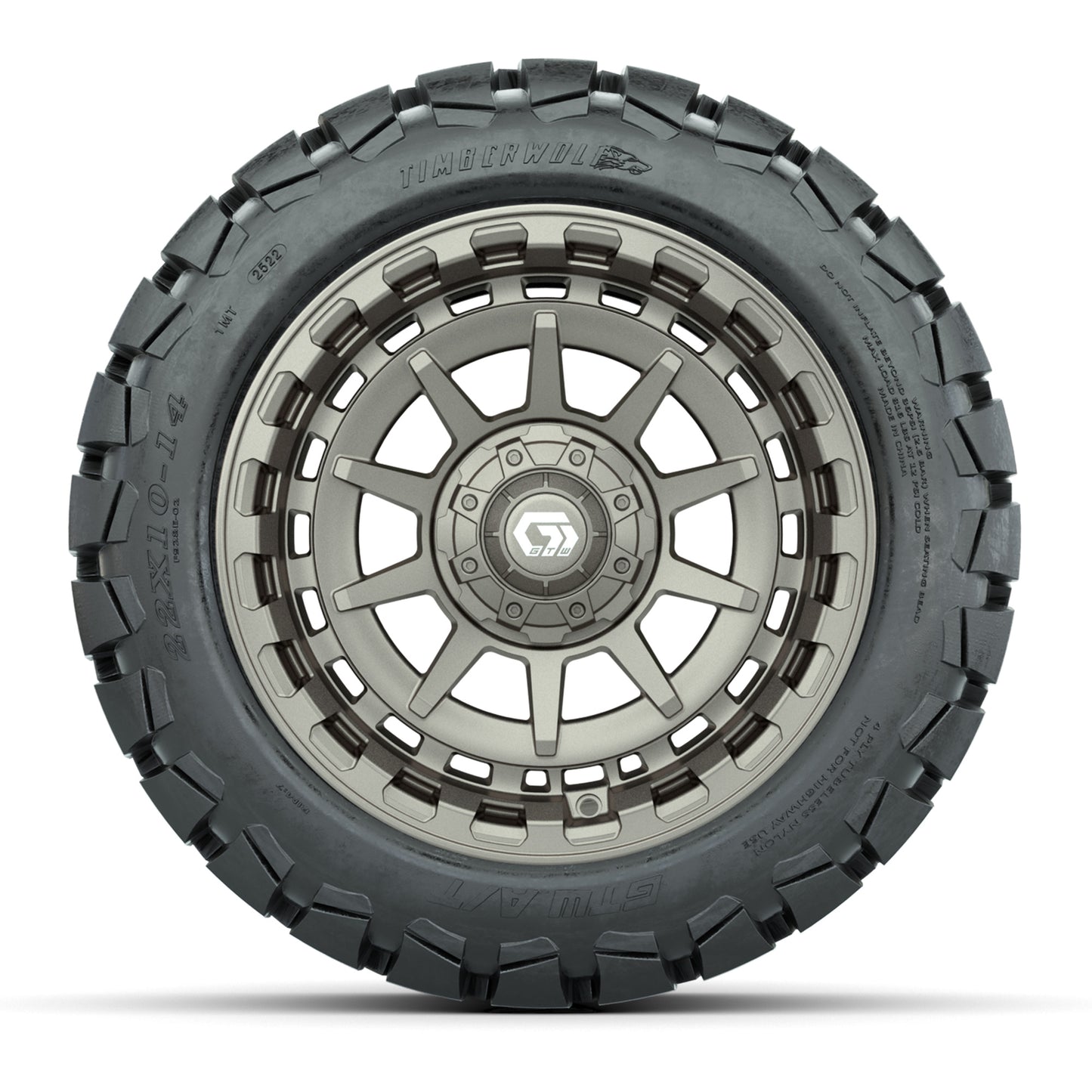 GTW® Barricade Satin Bronze 14 in Wheels with 22x10-14 Timberwolf All-Terrain Tires – Full Set