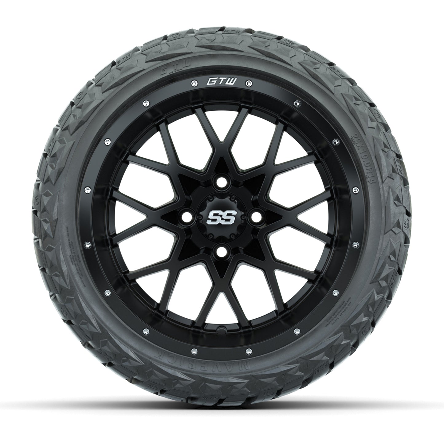 GTW Vortex Matte Black 14 in Wheels with 23x10.00-R14 Maverick All-Terrain Tires – Full Set