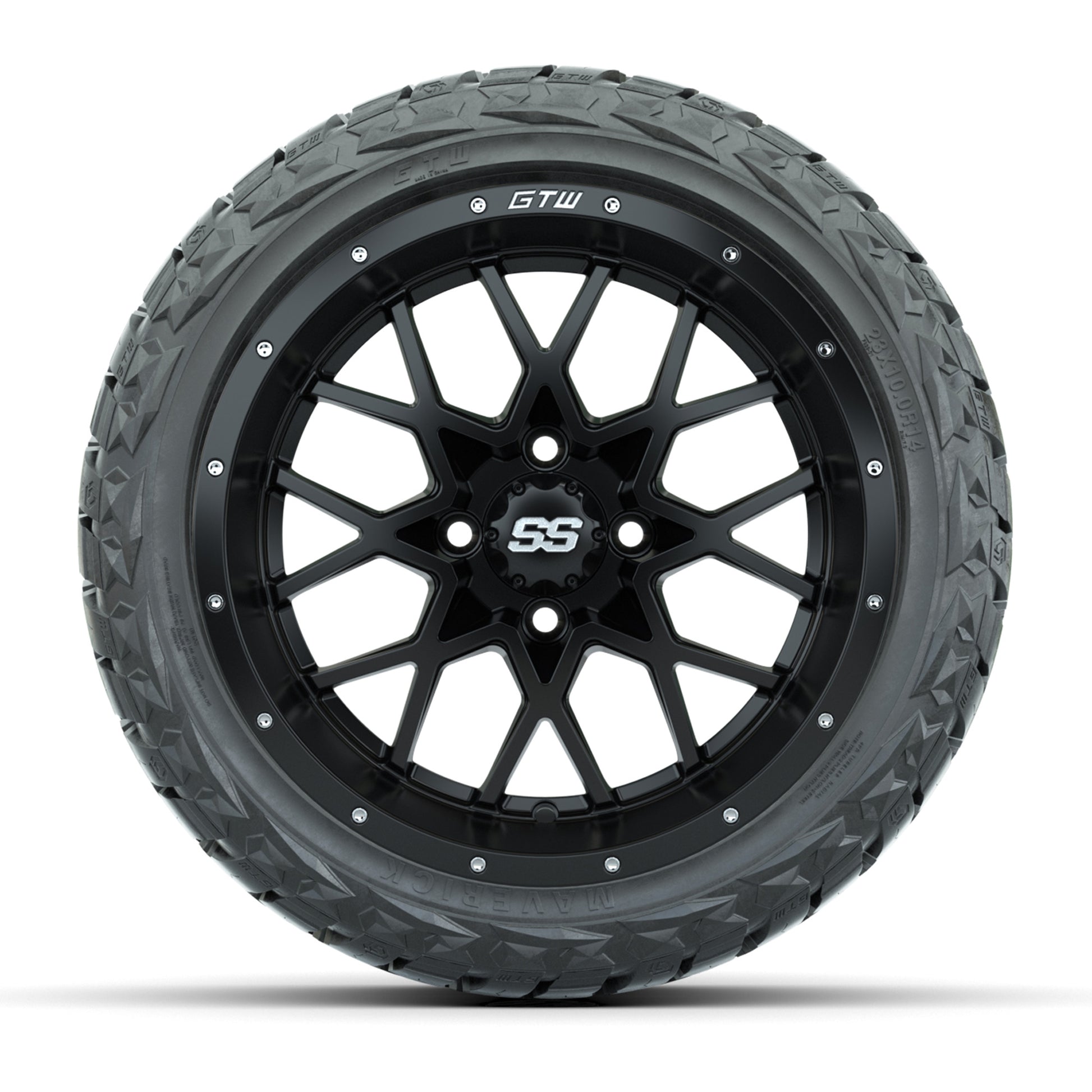 GTW Vortex Matte Black 14 in Wheels with 23x10.00-R14 Maverick All-Terrain Tires – Full Set