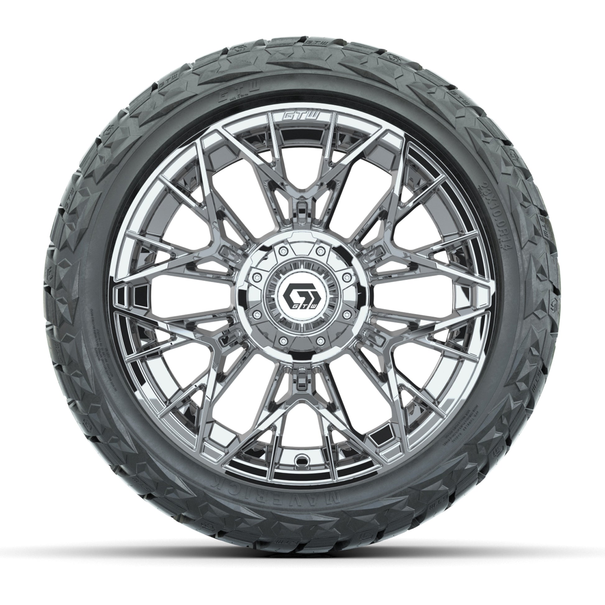 GTW Stellar Chrome 14 in Wheels with 23x10.00-R14 Maverick All-Terrain Tires – Full Set