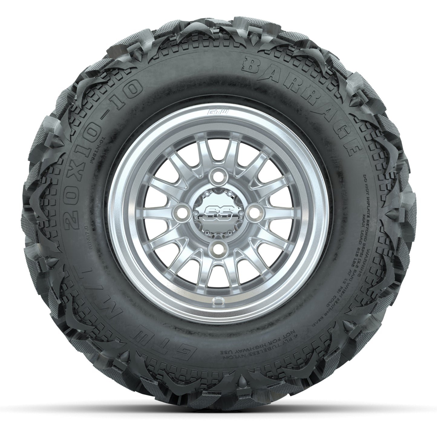 GTW Medusa Silver/Machined 10 in Wheels with 20x10-10 Barrage Mud Tires – Full Set